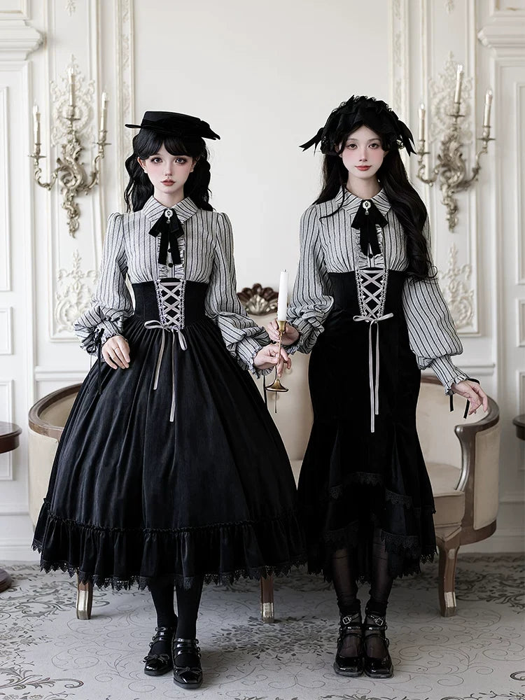 With PUJI - Dusk Moment - Classic Lolita Striped OP & Mermaid Dress Set, Fishbone Waist