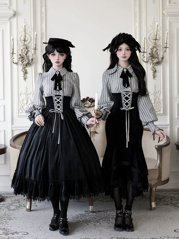 With PUJI - Dusk Moment - Classic Lolita Striped OP & Mermaid Dress Set, Fishbone Waist