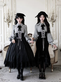 Mit PUJI - Dusk Moment - Klassisches Lolita Streifen OP & Meerjungfrauenkleid Set, Fischgrät-Taille - Berry Black Headband (One Size, select M) In Stock / M