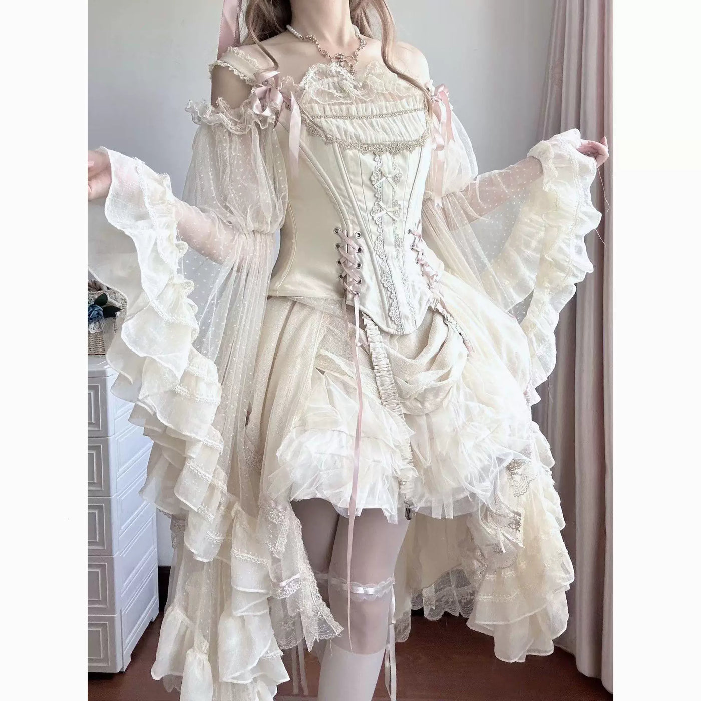 Sweetheart Dream Machine - Butterfly Wing - Off-shoulder Blouse with Sheer Dotted Mesh Sleeves