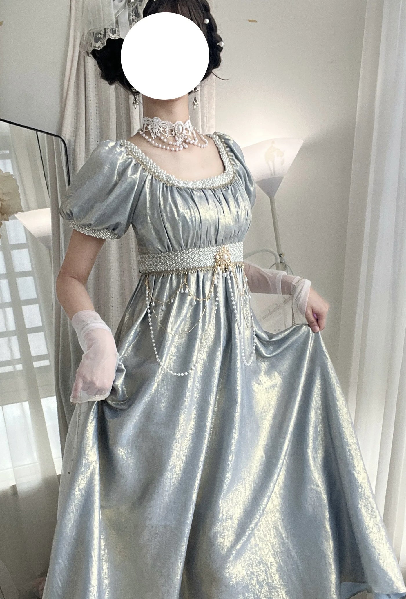 Thousand Wood - Moonlight Amber - Long OP Dress with Empire Waist and Beaded Trim