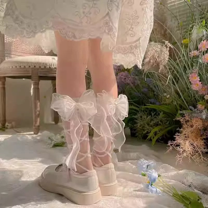 Fantasy Doll - Crossed Ribbon - Mid-calf socks with crossed organza straps