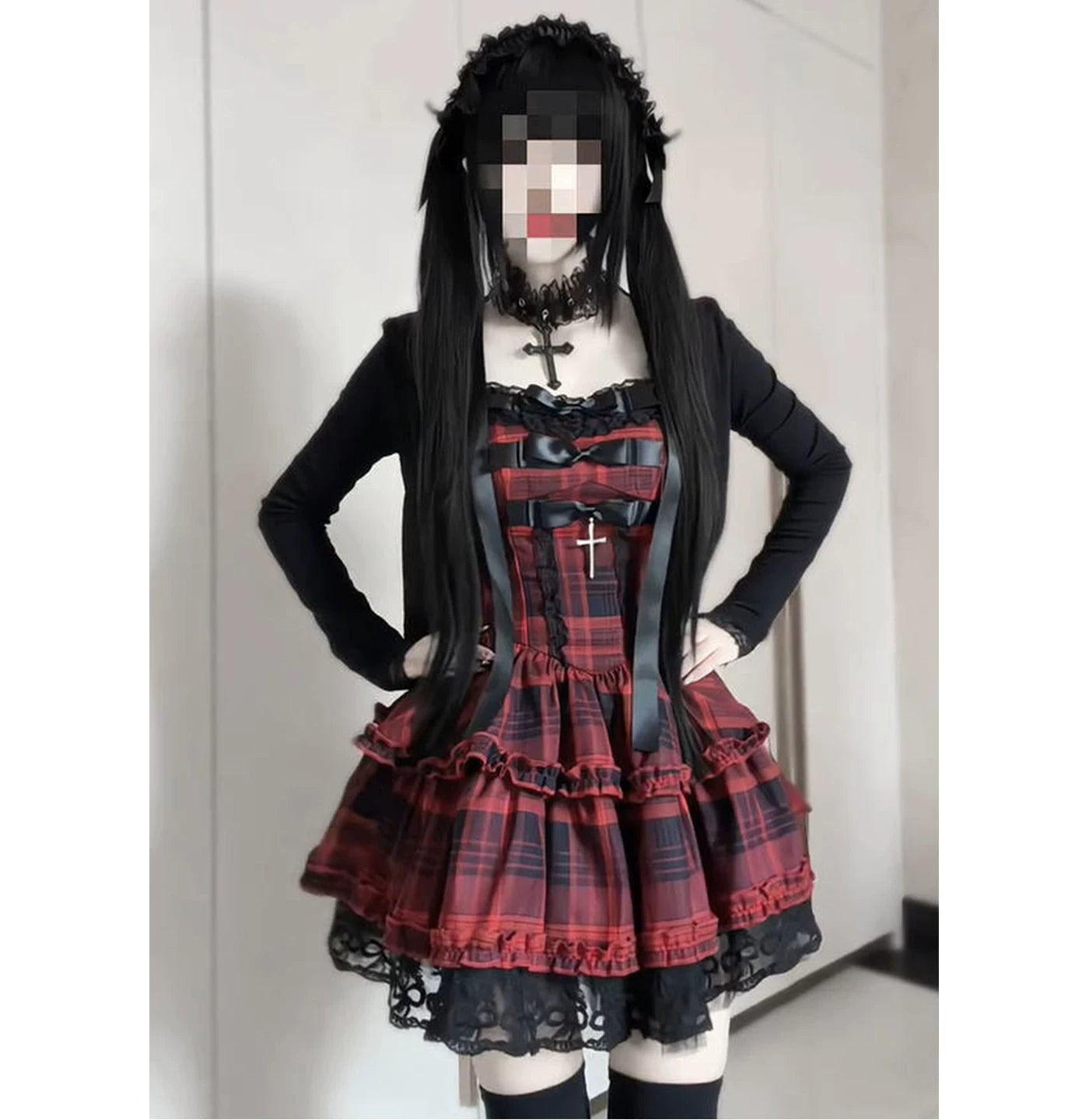 Creamy - Red Plaid Gothic - JSK Dress and Cardigan Set with Lace Ruffles