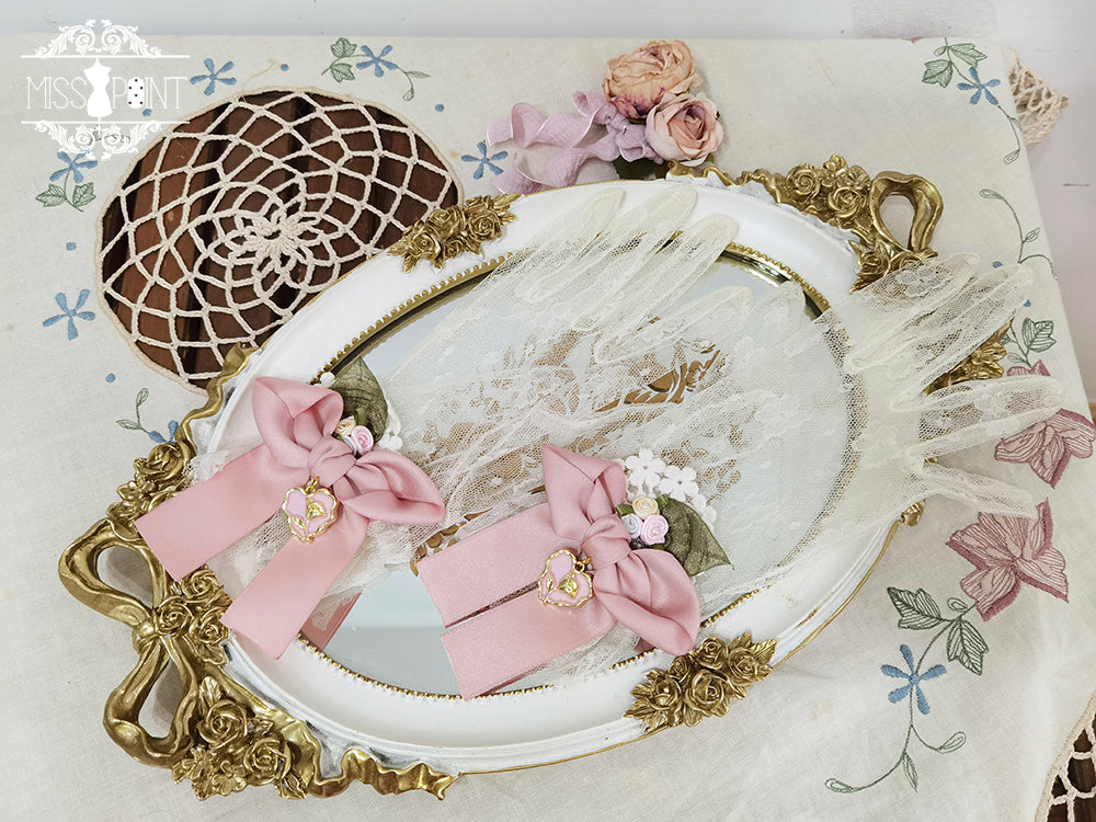 Lilyka Garden - Classic Lolita Headdress and Necklace Brooch Bow Trailing Lace Gloves - Pink