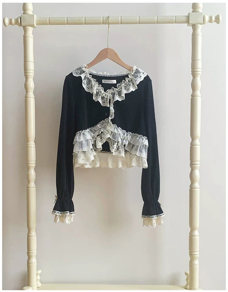 Bloom Period - Elegant Lolita Bolero, Layered Lace Ruffles Black Bolero S