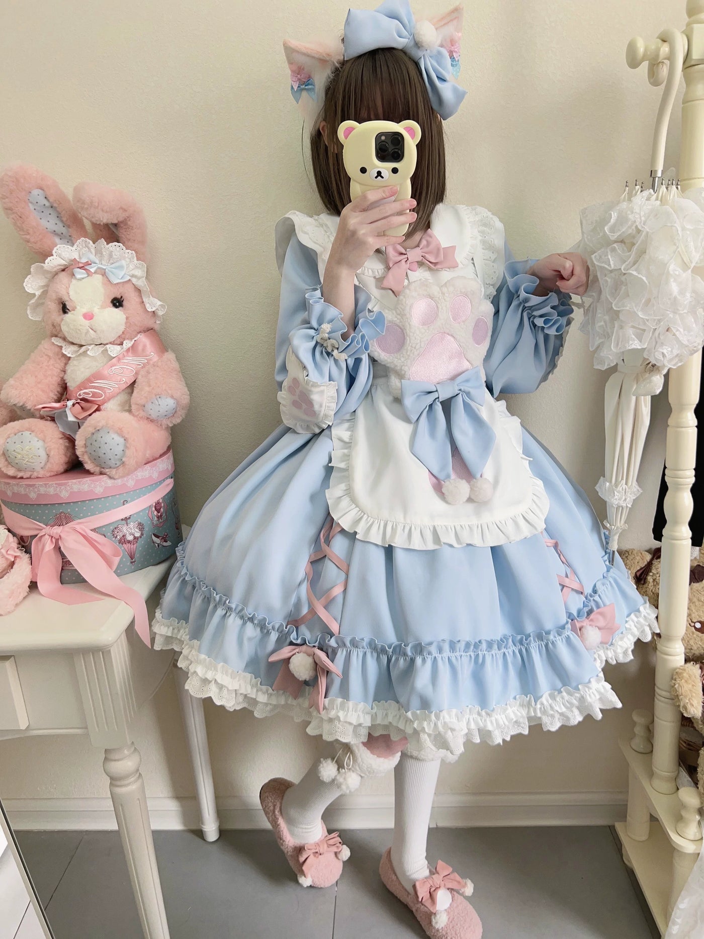 Tata Long Ear - Meow Meow - Blue OP Dress with a Ruffled Apron