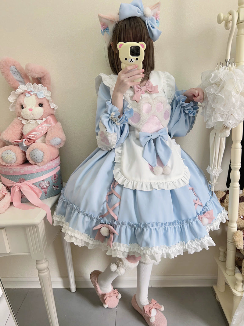 Tata Long Ear - Meow Meow - Blue OP Dress with a Ruffled Apron