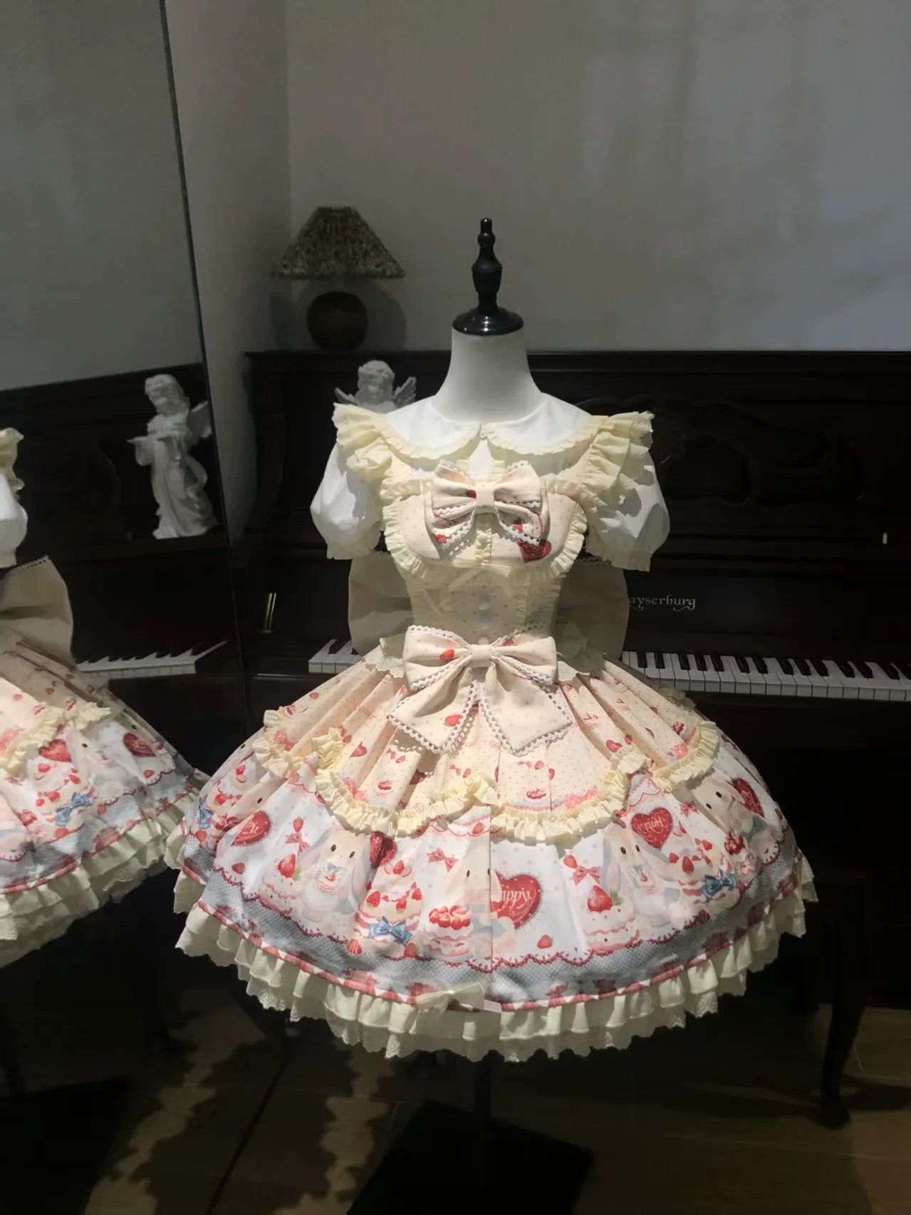 Bunny Party - Sweet Lolita JSK Dress, Cute Bunny & Cake Print Yellow Full Set (JSK + Blouse + Back Trailing Bow) S