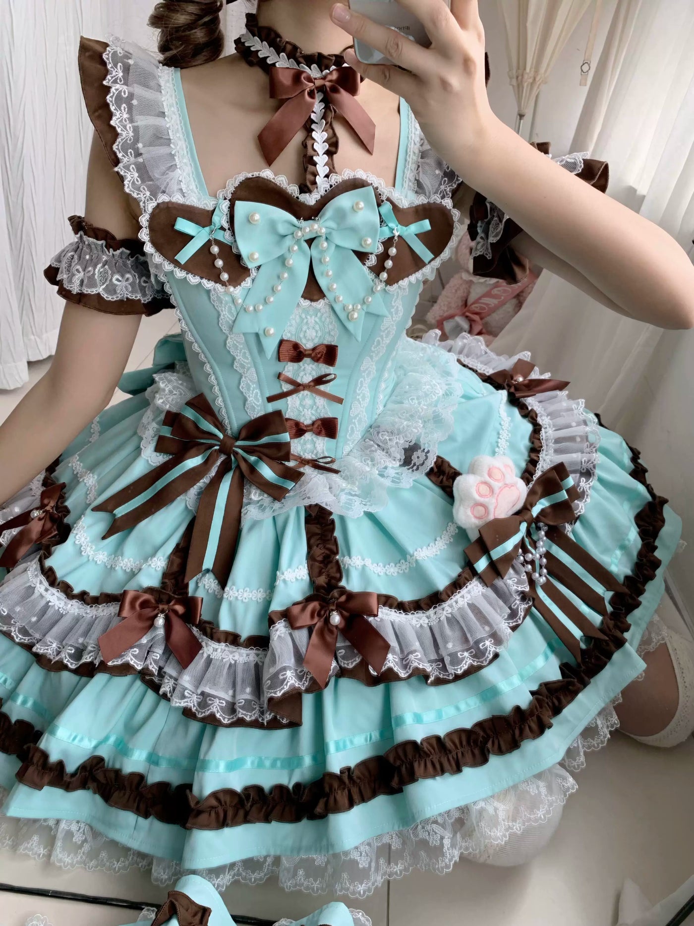 Creamy - Mint Chocolate Ribbon - Mint JSK dress set with chocolate-brown bows