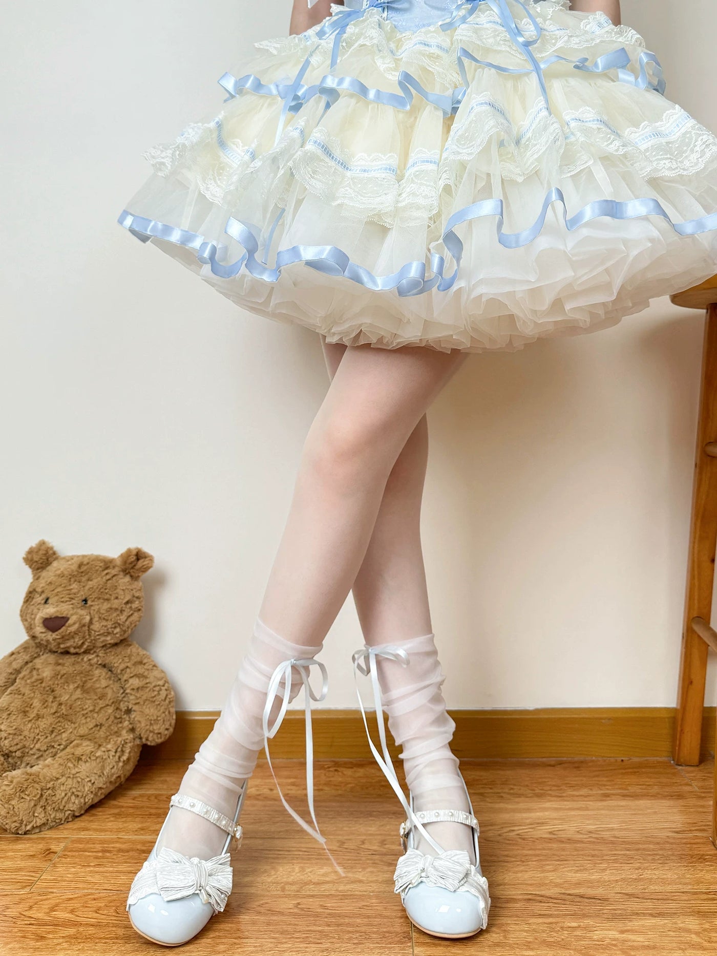 Chubby Bear Tales - Ballet Ribbon - Sheer Mid-Calf Socks with Long Ribbon Ties