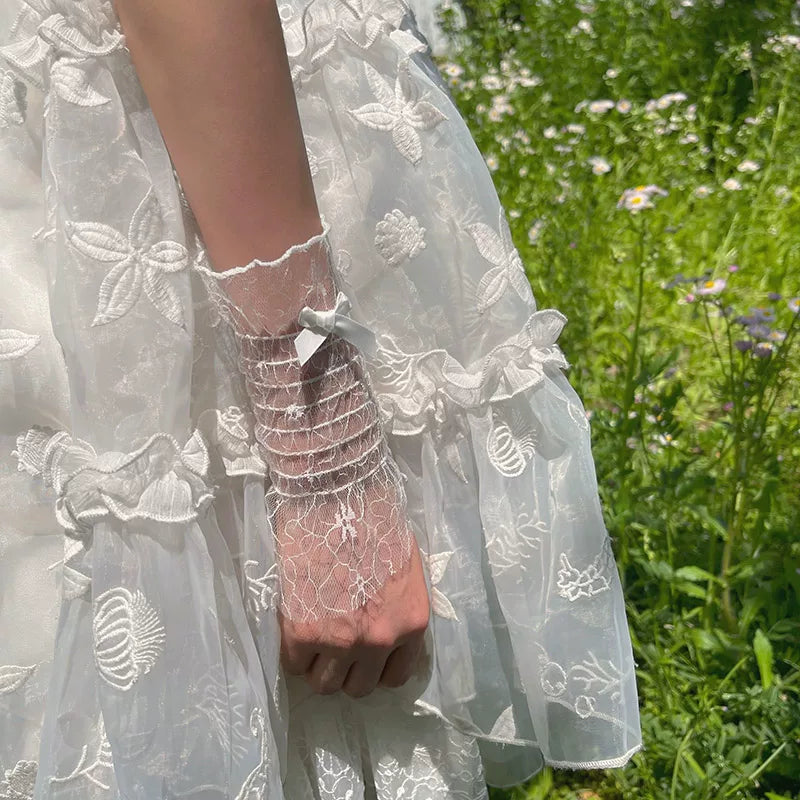 White sheer lace Sweet Lolita fingerless arm sleeve with small wrist bow