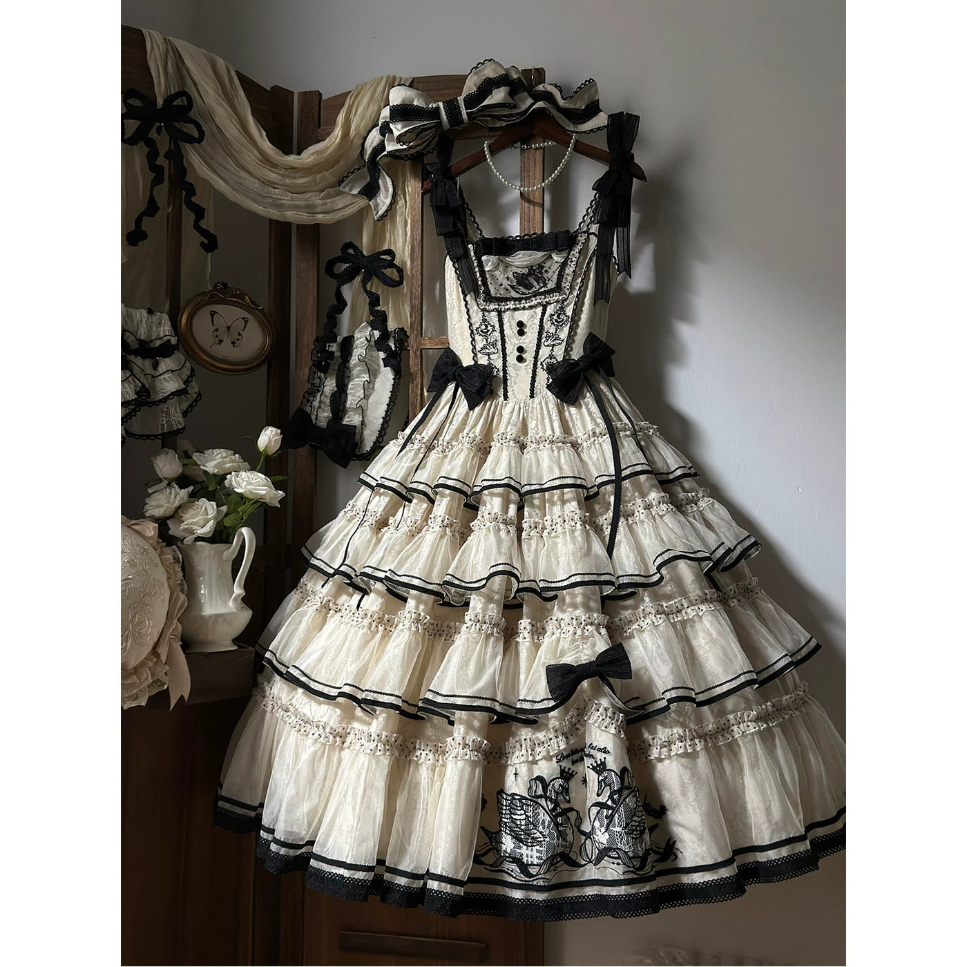 Creamy - Swan Princess - Ivory JSK Dress with Black Swan Embroidery