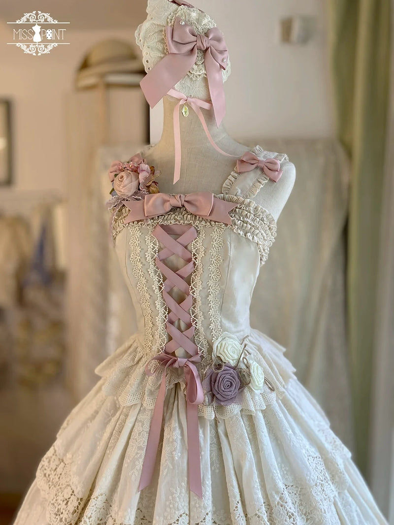 Forest Waltz - Cotton Lolita Camisole Embroidered Cami Top XS Ivory Fitted camisole(with 3 bow pin and a strap)