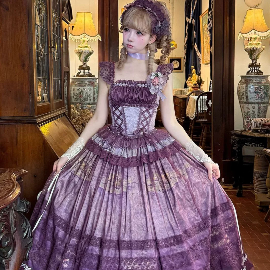 Lady Han Misty Vineyard Classic Dress by Lolita Fetch, featuring a floral pattern and elegant design, shown on a model.