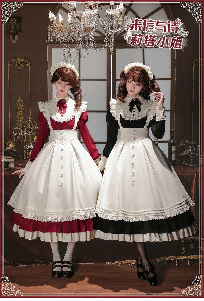 With PUJI - Miss Lita - Classic Lolita dress suit with an adjustable flutter-sleeve apron detail view 6
