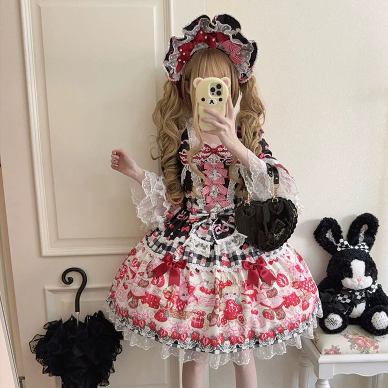 Tiantian - Strawberry - Long-Sleeved OP Dress with Lace Bows