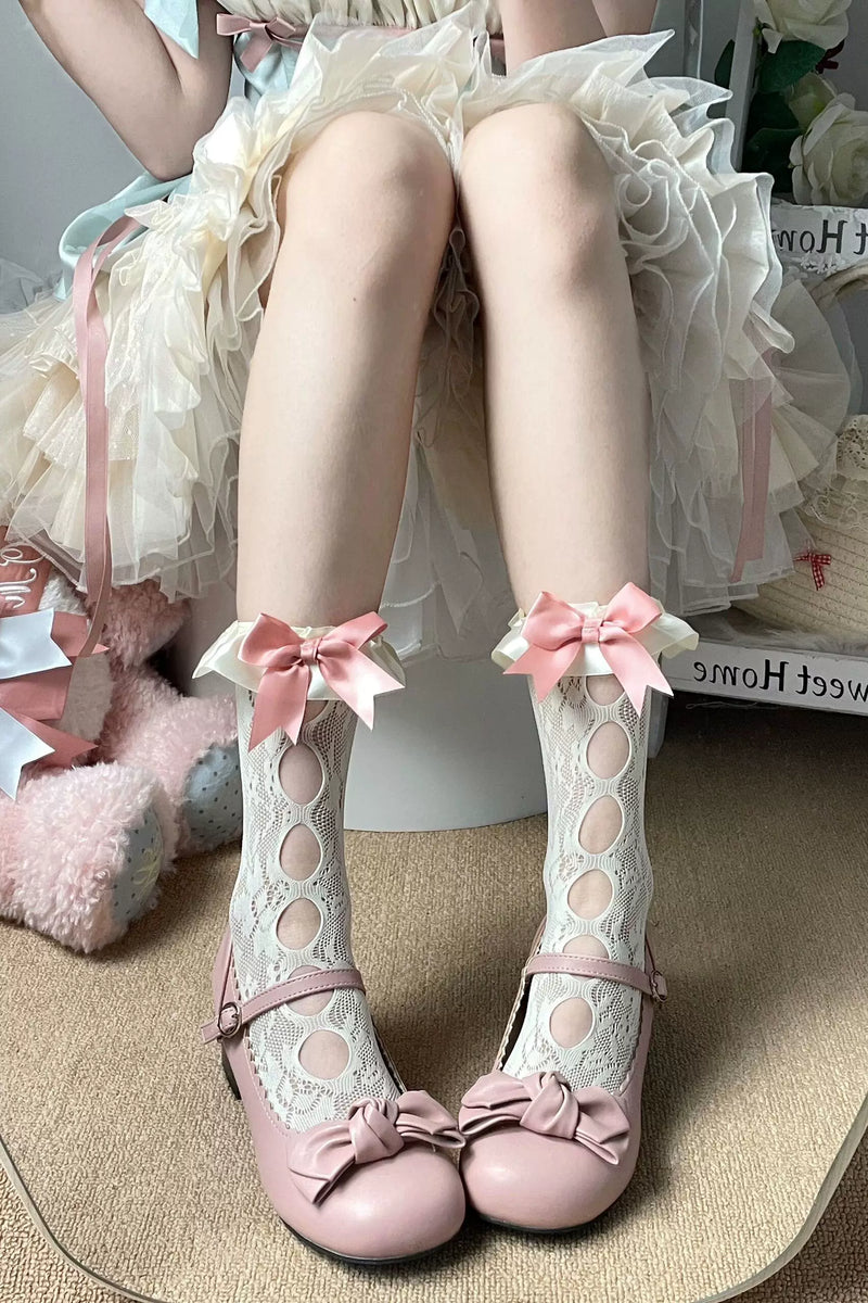 Fantasy Doll - Ribbon Lace - Mid-Calf Socks with Satin Bows and Oval Cutouts