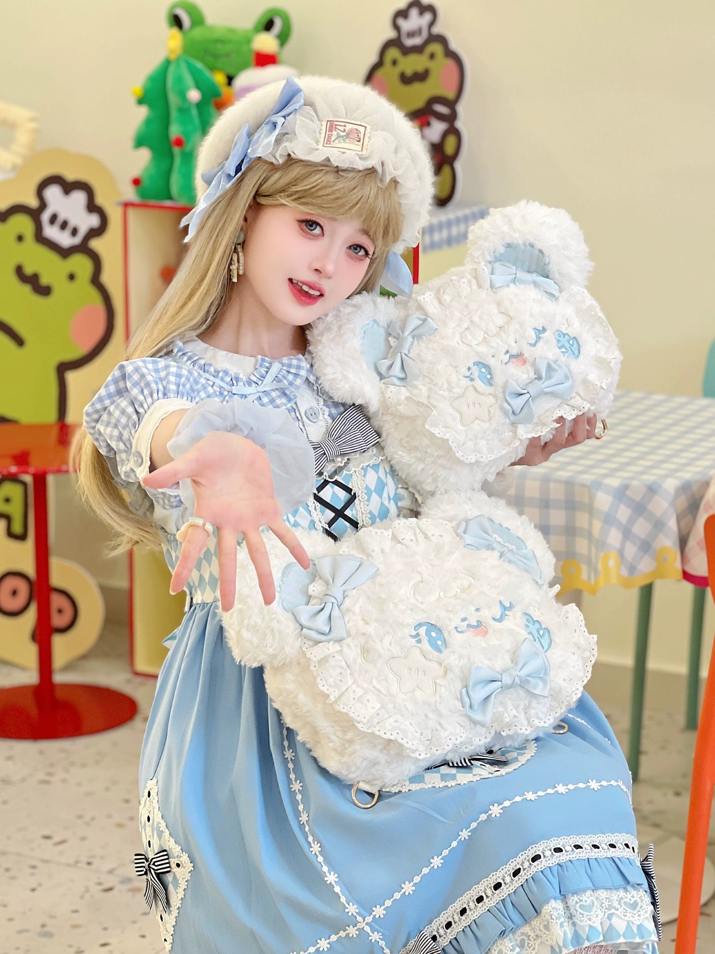 Molly Puppy - Bow Bear - Plush Bear Backpack with Pale-Blue Bows