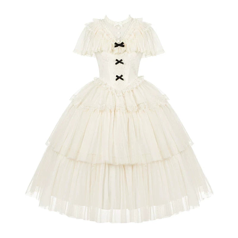 White Mist Promise - Classic Lolita Corset OP Set, Edwardian Collar & Tiered Hem (L M S) 45173:838308