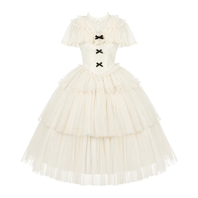 With PUJI - White Mist Promise - Classic Lolita Corset OP Set, Edwardian Collar & Tiered Hem detail view 9