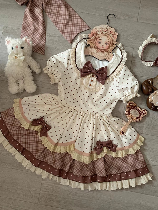Creamy - Little Bear Ribbon Plaid - OP Dress Set with Apron and Bow