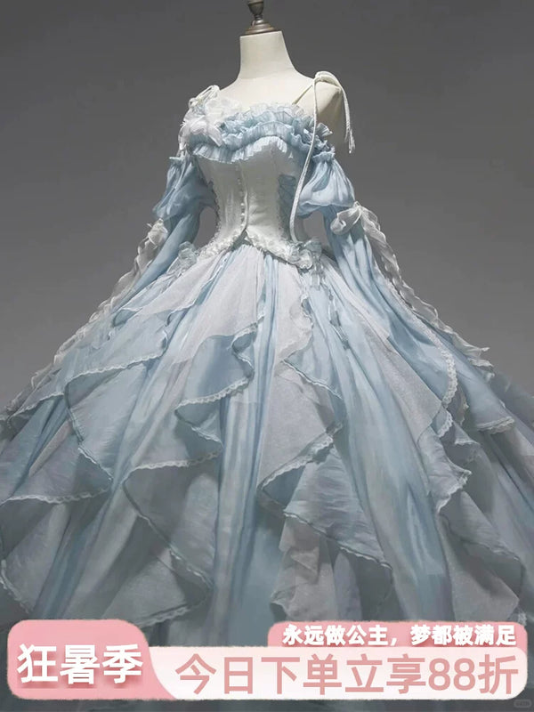 Flora Muse blue Lolita formal ball gown with off-shoulder neckline and tiered skirt
