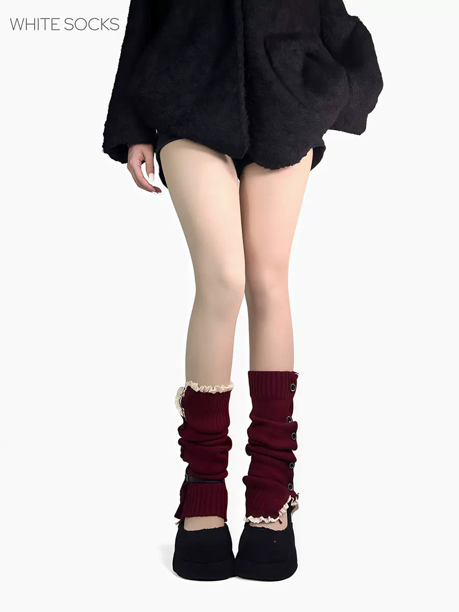 White Socks - Buttoned Scrunch Knit - Knit Leg Warmer Socks with Lace Trim and Buttons