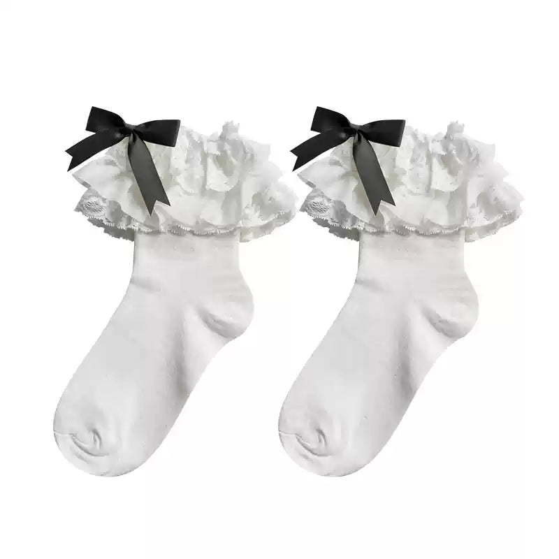 WAGUIR - Cotton Lolita Bow Socks with - Layered Lace Trim Socks
