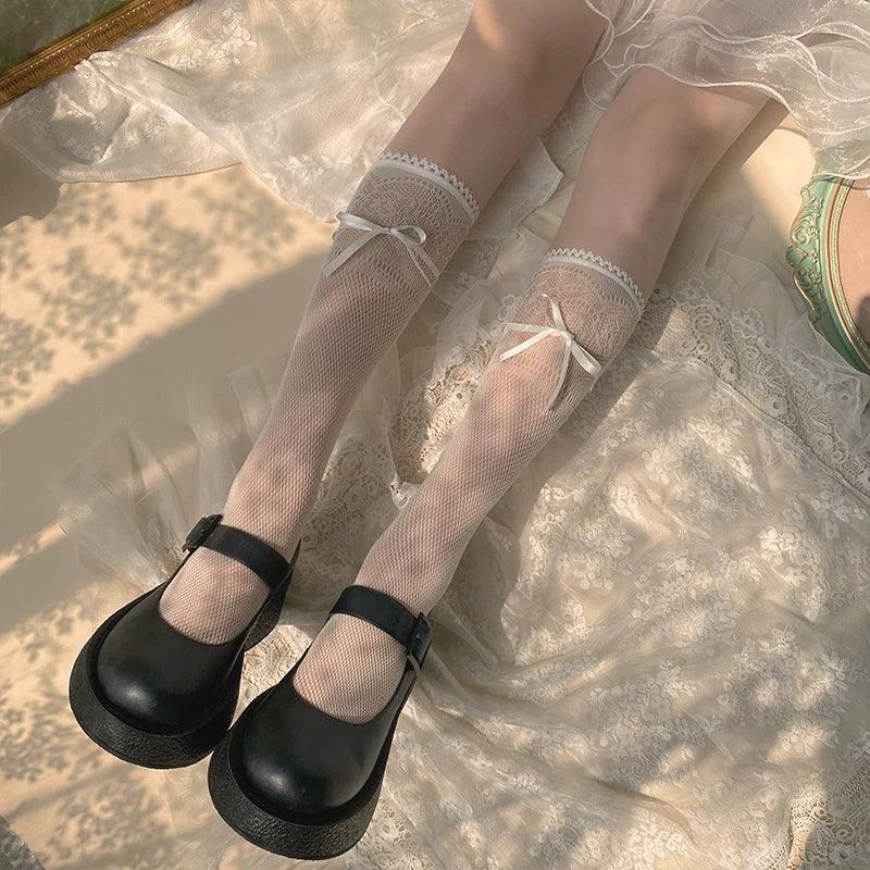 Sock Noble - Ribbon Bow Lace - Sheer mesh socks with lace trim and ribbon bows