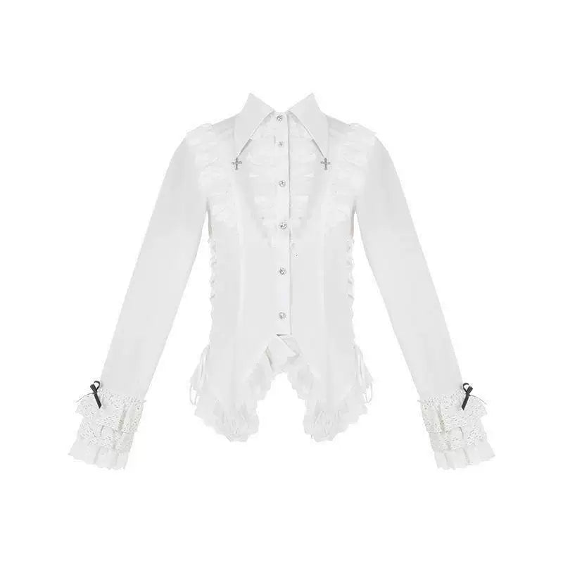 Side view of gothic lolita blouse showing waist ties and scalloped lace hem