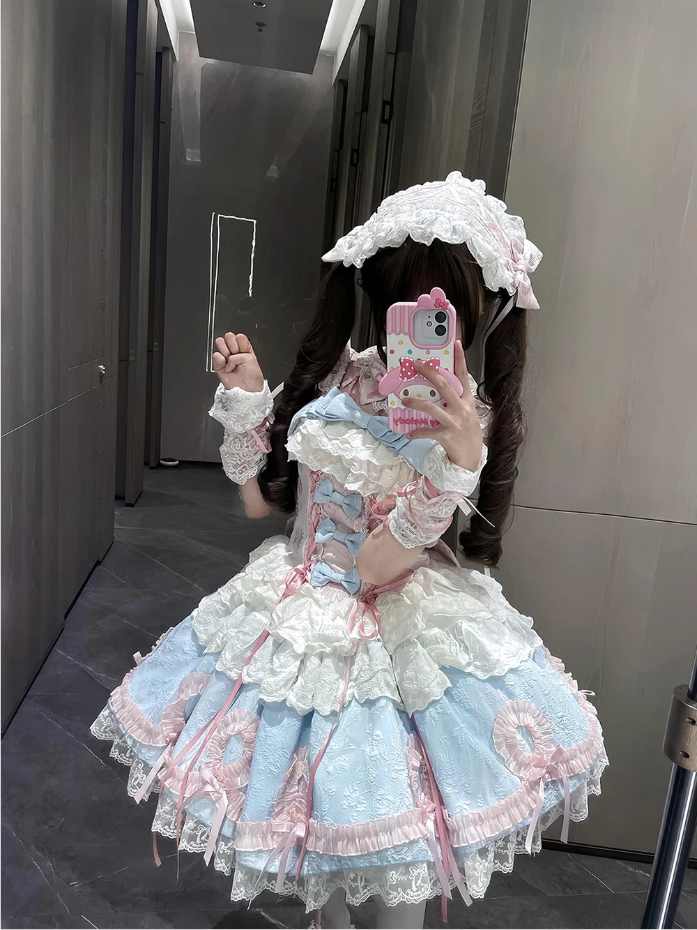 Blue-pink Lolita JSK dress with layered lace and large back bow