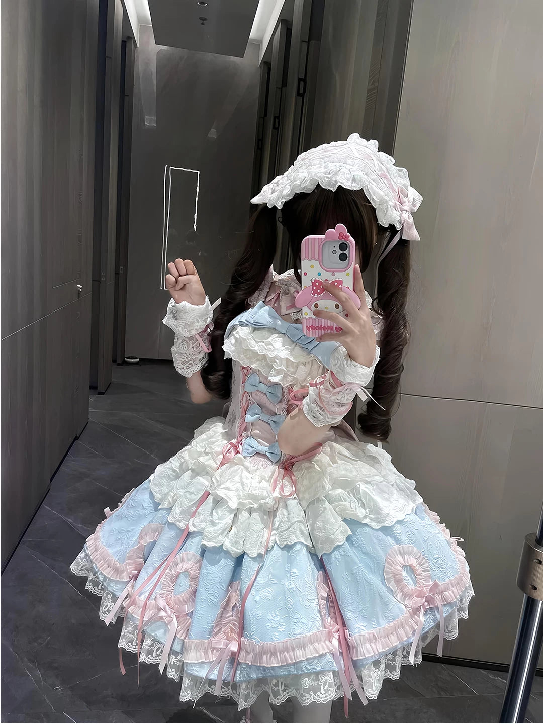Blue-pink Lolita JSK dress with layered lace and large back bow