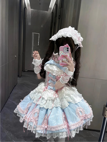 Creamy - Blue-Pink Ribbon Princess - Blue-Pink JSK Dress with Trailing Skirt and Back Bow