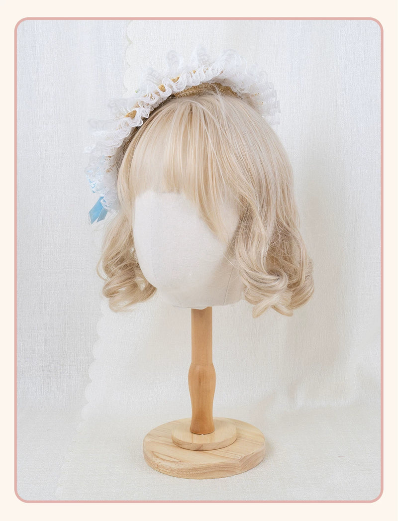 Stardust Rose - Forest Lace Bow - Straw Flat Hat with Lace Bow Hair Clip