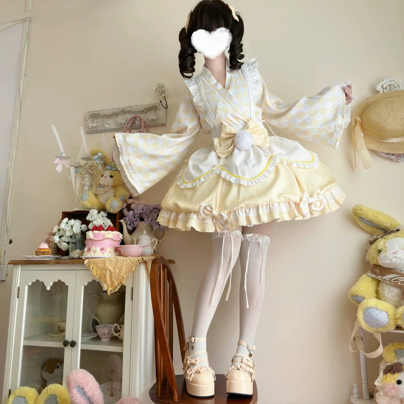 Lady Han Milk Pudding Maid Dress by Lolita Fetch featuring a cute maid costume with ruffled details and pastel colors.