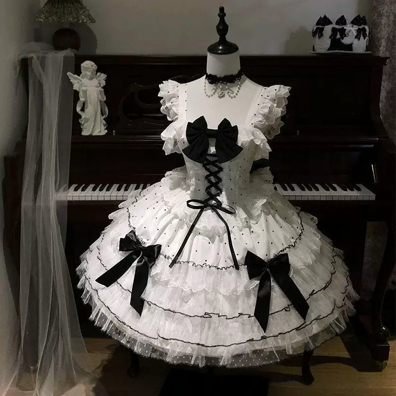 Sweetheart Dream Machine - Black & White Bow - JSK dress with layered ruffles
