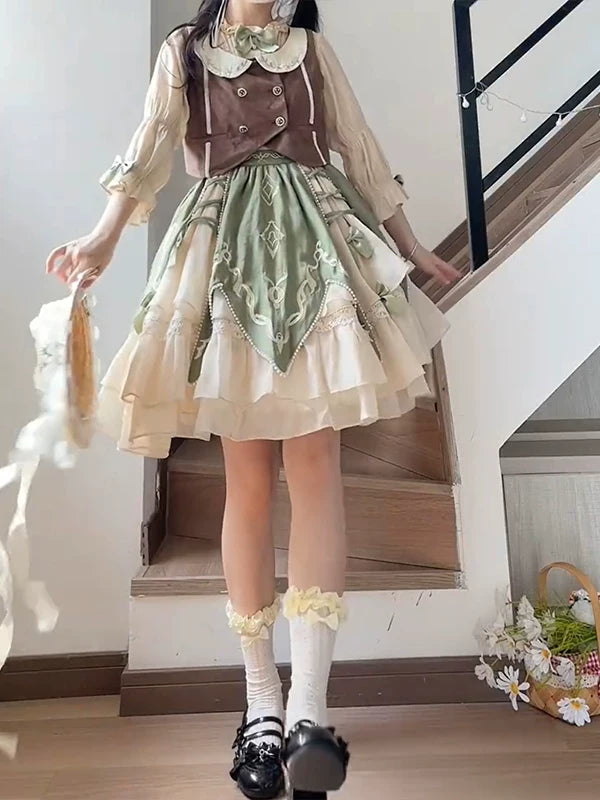 Creamy - Garden Picnic - Vest, Shirt and Short Skirt Set with a Buttoned Vest