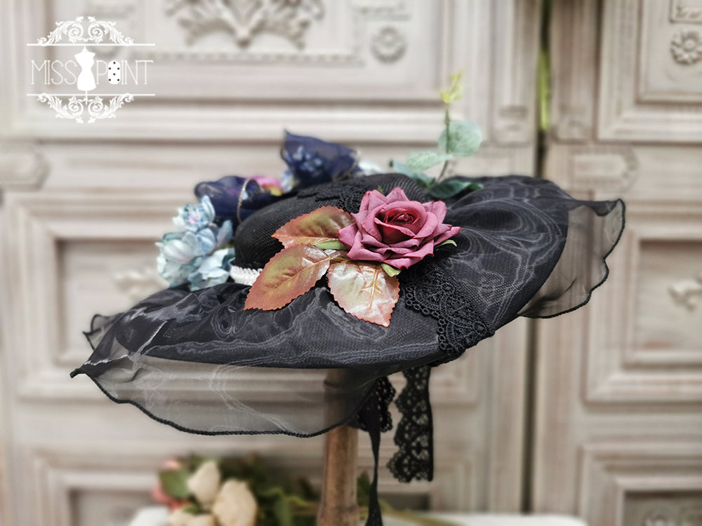 Woody Rose - Elegant Flower Lolita Hat Black Big Hat (Replace brown leaves with green)