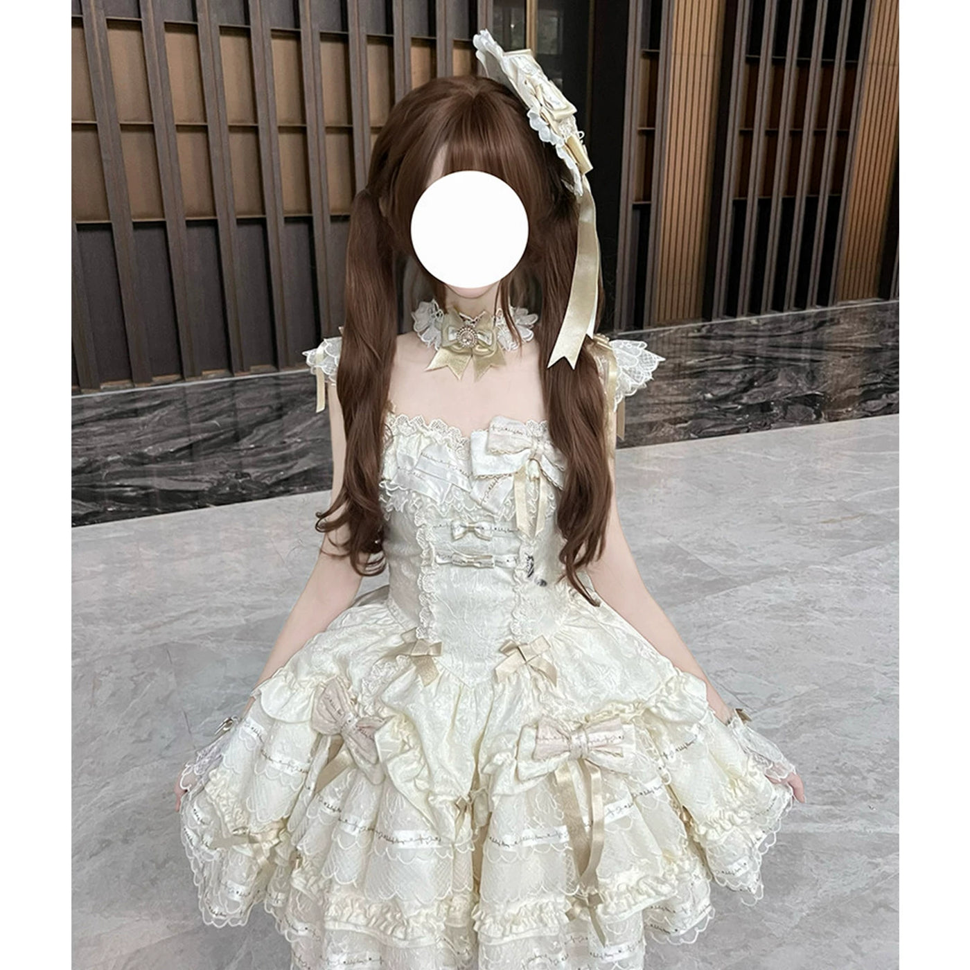 Creamy - Ballet Whisper - Apricot Dress Set with Large Train and Layered Ruffles