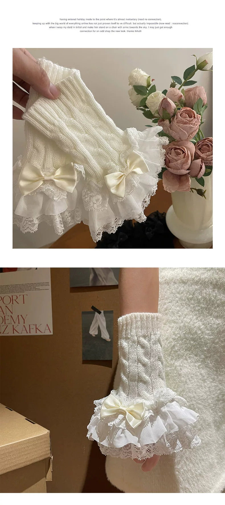 Sock Noble - Flower Banquet - Lace-Trimmed Cable-Knit Arm Sleeves with Bow Details