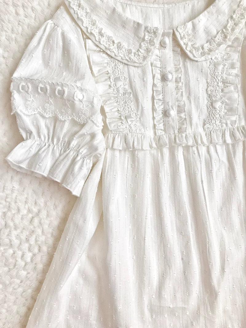 Yilia - Jacquard Sweetheart - Peter Pan Collar Puff Sleeve Blouse