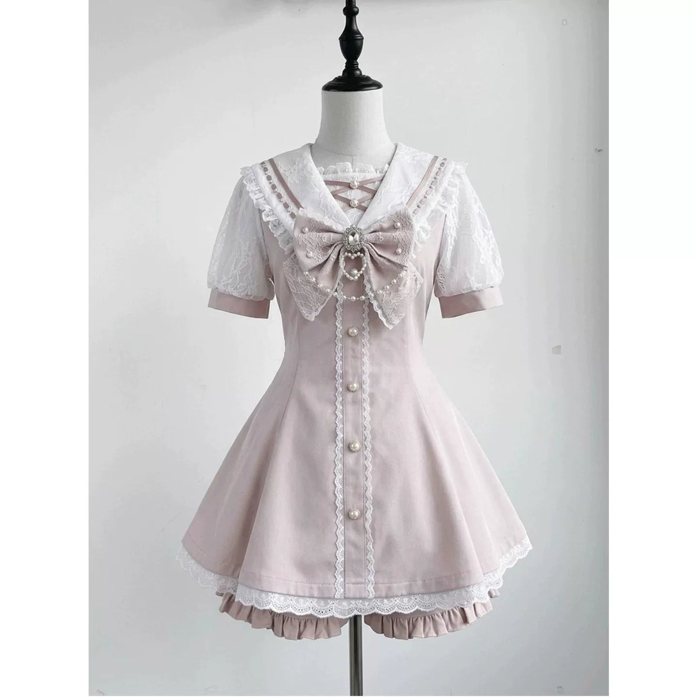 Creamy - Pink Lace Academy - Pink Top and Shorts Set with Sailor Collar