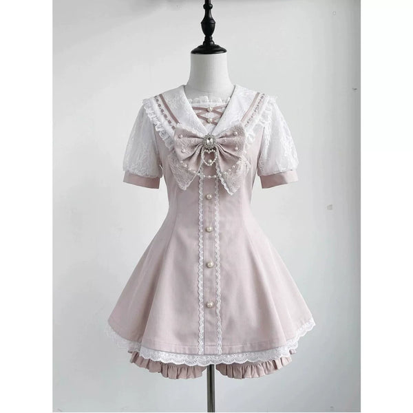 Creamy - Pink Lace Academy - Pink Top and Shorts Set with Sailor Collar