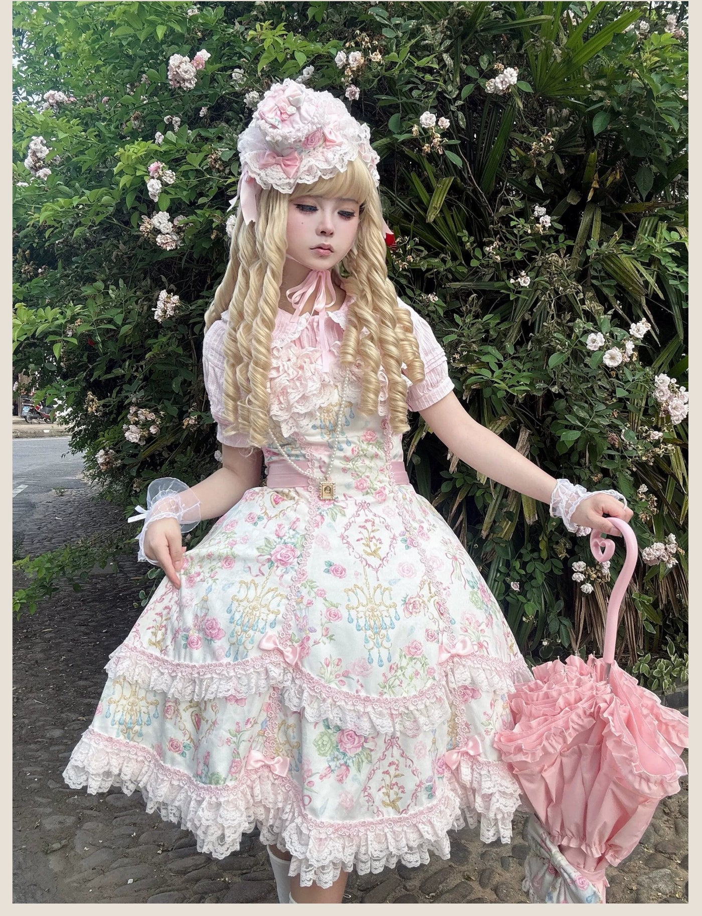 Tata Long Ear - Spring 2025 Floral Wall - Floral Print JSK Dress with Layered Lace Ruffles