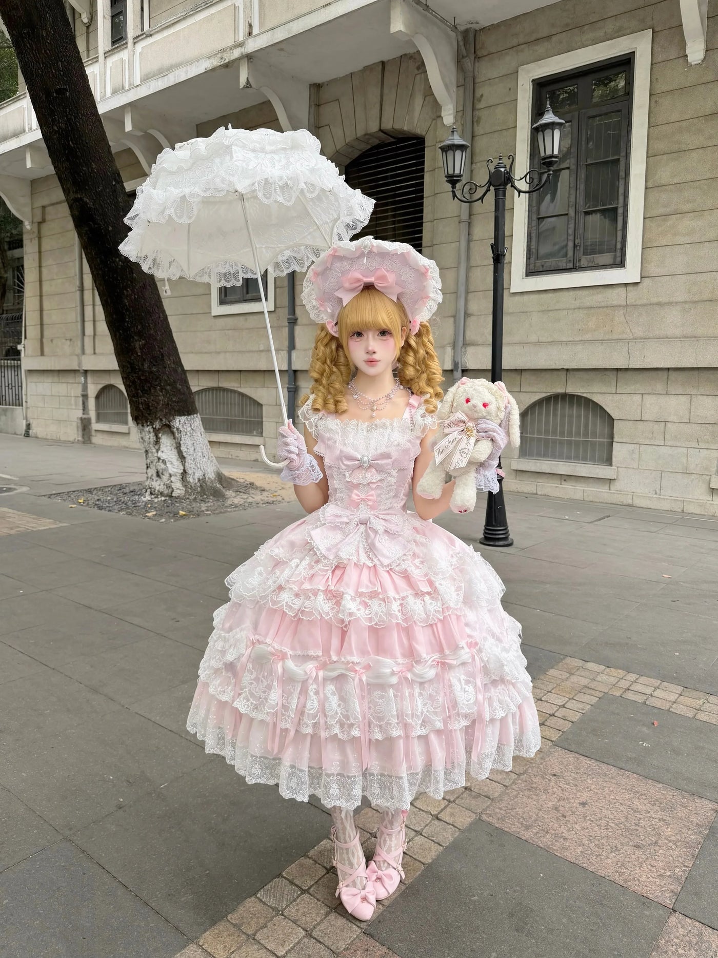 Eternal Floral Whisper - Sweet Lolita Tiered JSK Dress with Lace Pink JSK + Pink Back Bow Trailing + Pink BNT S