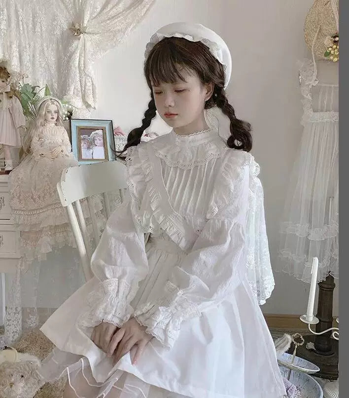 Sweetheart Dream Machine - Vintage Girlish - Blouse & Top with a Lace-Trimmed Stand Collar
