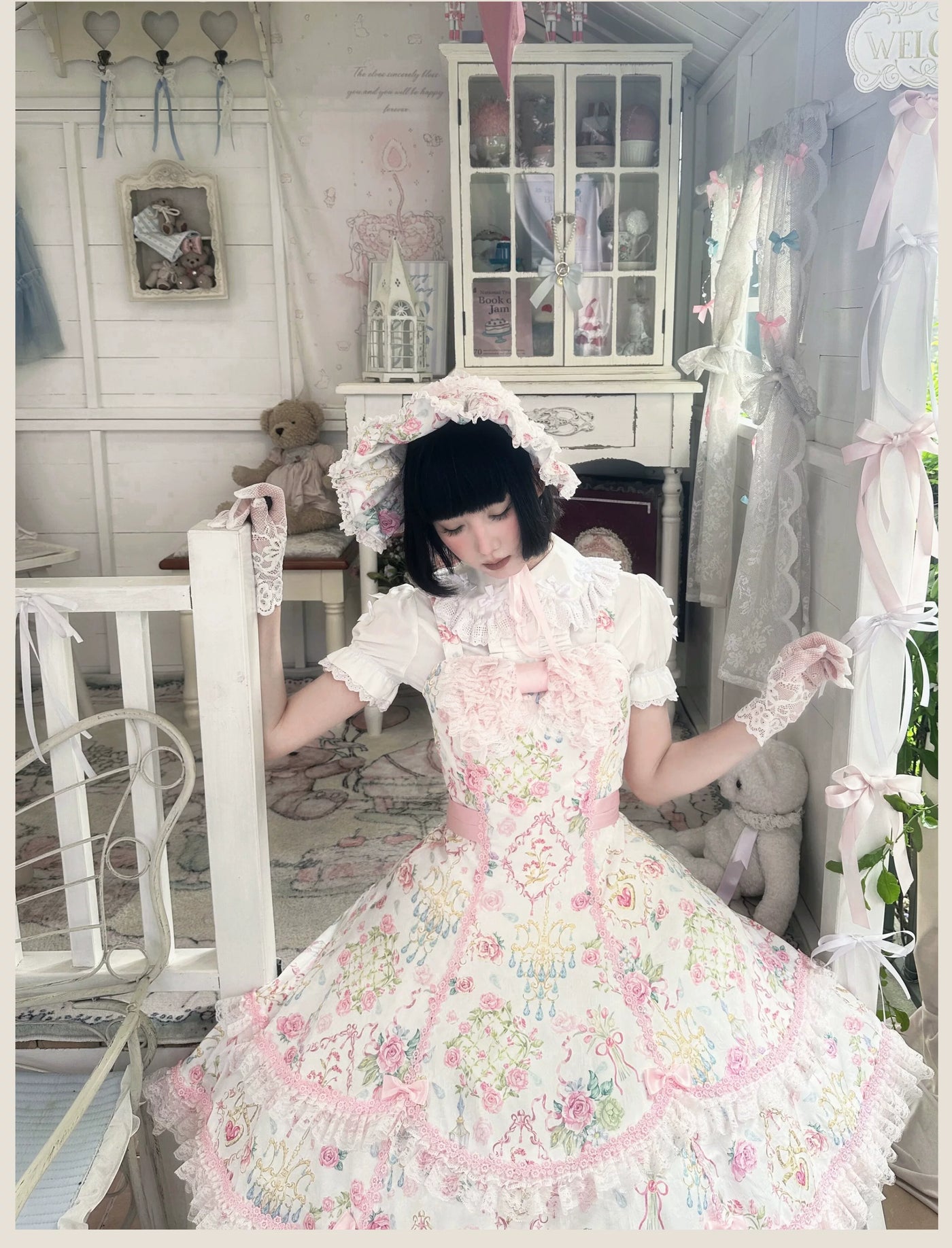 Tata Long Ear - Spring 2025 Floral Wall - Floral Print JSK Dress with Layered Lace Ruffles