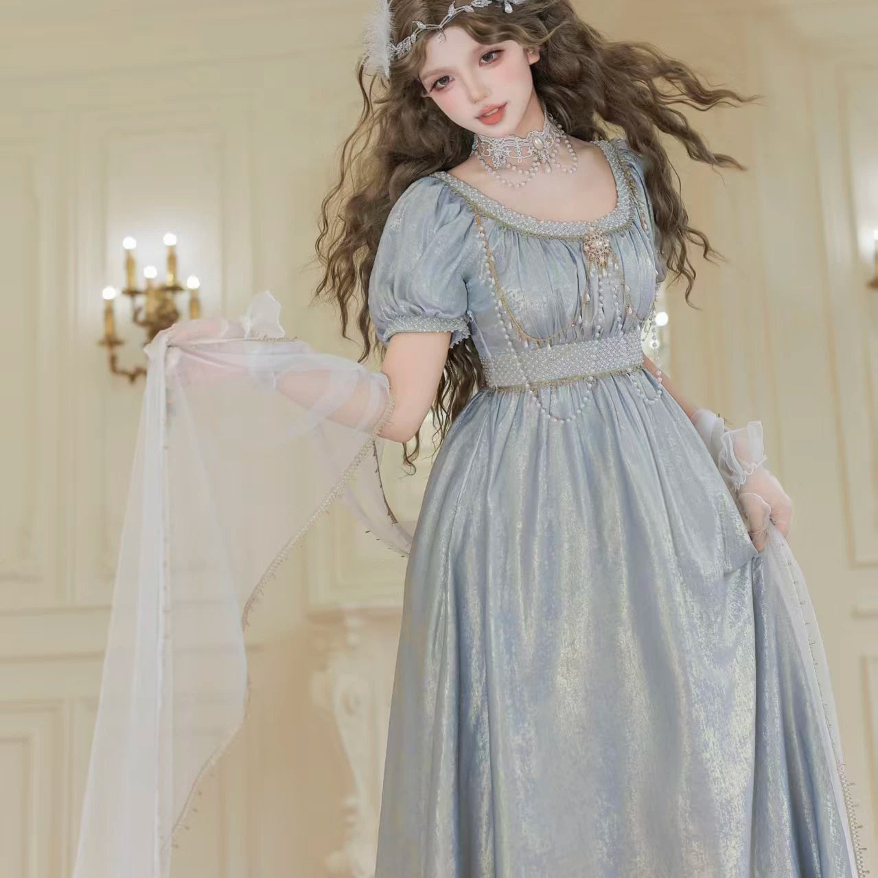 Thousand Wood - Moonlight Amber - Long OP Dress with Empire Waist and Beaded Trim