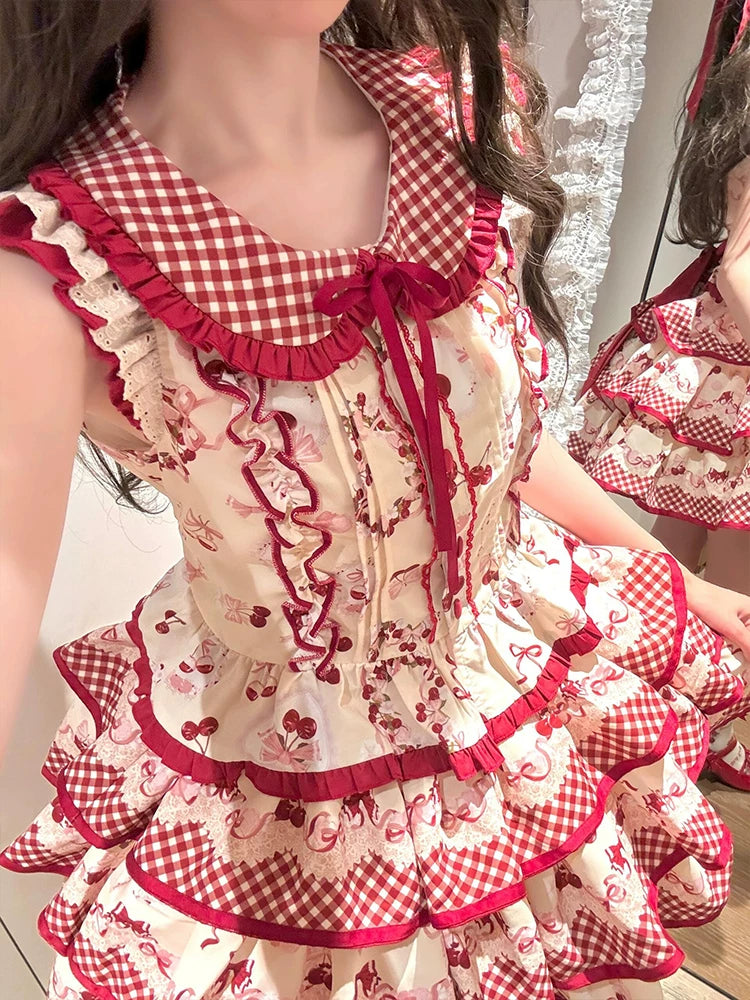 Dream Bunny - The Cherries Are Ripe - Cherry-Print Lolita Fashion Set with Gingham Ruffles