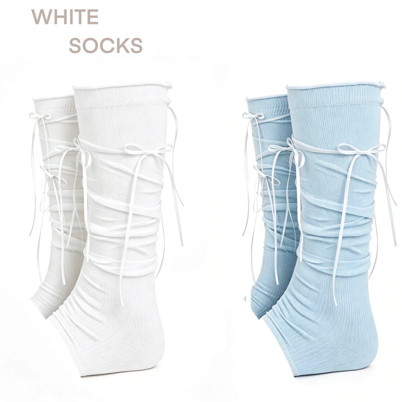 White Socks - Ribbon Ruched - Ruched Calf Socks with Long Ribbon Bows